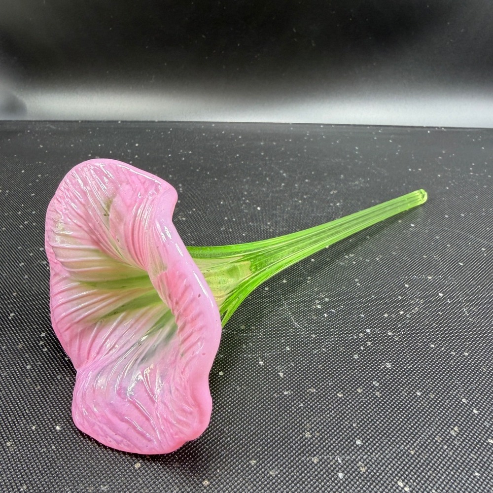 Hand Blown Glass Flower Pink Trumpet Morning Glory Green Stem Art Glass 7 Inch - Picture 6 of 11